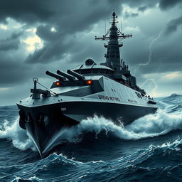 A menacing warship named 'Brend Motors', depicted as a brutal and imposing vessel cutting through turbulent ocean waters