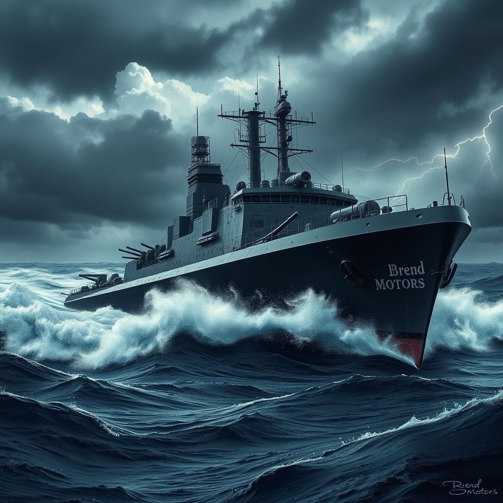 A menacing warship named 'Brend Motors', depicted as a brutal and imposing vessel cutting through turbulent ocean waters