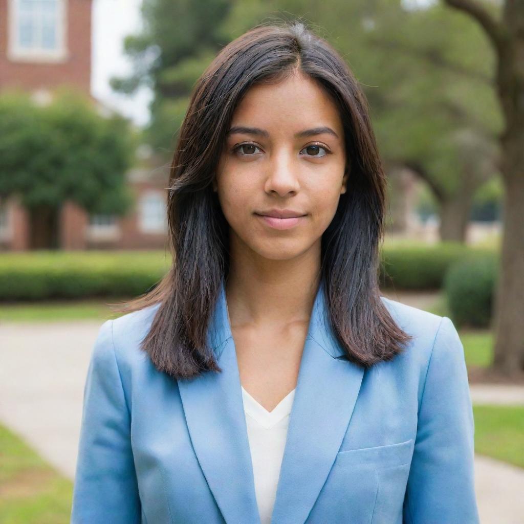 A young woman with neat, straight, black, mid-length hair. She has natural medium tan skin, average build, and she's slightly shorter than average height. She gazes with her brown eyes, wearing a light blue blazer as part of her university uniform.