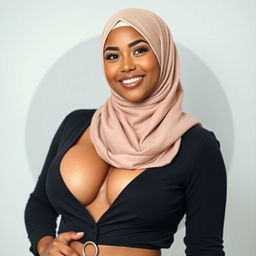 A confident woman wearing an elegant hijab that complements her skin tone, showcasing her stylish outfit designed to reveal a tasteful amount of cleavage