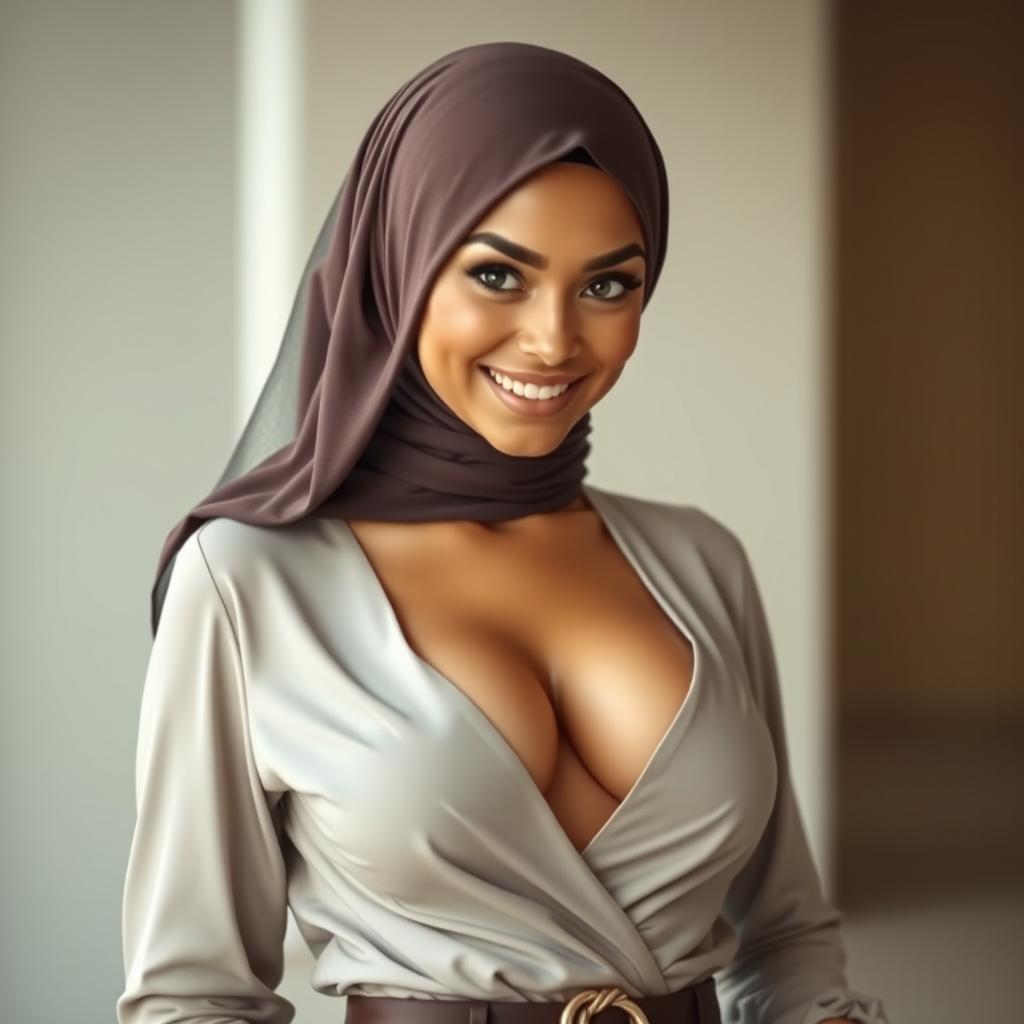 A confident woman wearing an elegant hijab that complements her skin tone, showcasing her stylish outfit designed to reveal a tasteful amount of cleavage