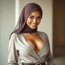 A confident woman wearing an elegant hijab that complements her skin tone, showcasing her stylish outfit designed to reveal a tasteful amount of cleavage