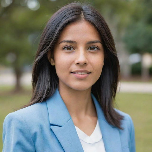 A young woman with neat, straight, black, mid-length hair. She has natural medium tan skin, average build, and she's slightly shorter than average height. She gazes with her brown eyes, wearing a light blue blazer as part of her university uniform.