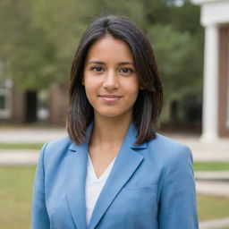 A young woman with neat, straight, black, mid-length hair. She has natural medium tan skin, average build, and she's slightly shorter than average height. She gazes with her brown eyes, wearing a light blue blazer as part of her university uniform.