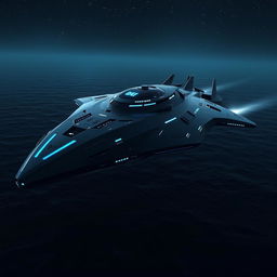 A sleek, futuristic warship named 'Shadow Motors' designed for advanced combat