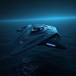 A sleek, futuristic warship named 'Shadow Motors' designed for advanced combat