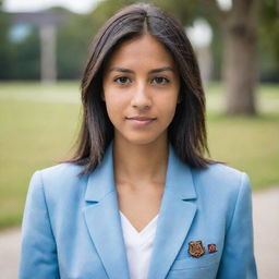 A young woman with neat, straight, black, mid-length hair. She has natural medium tan skin, average build, and she's slightly shorter than average height. She gazes with her brown eyes, wearing a light blue blazer as part of her university uniform.