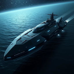 A sleek, futuristic warship named 'Shadow Motors' designed for advanced combat