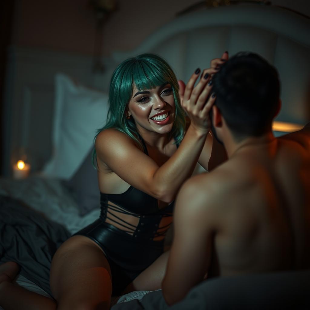 A sultry, intimate bedroom scene featuring a female singer with unique green hair in a stylish outfit, passionately engaging with a partner, expressing desire and excitement