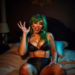 A sultry, intimate bedroom scene featuring a female singer with unique green hair in a stylish outfit, passionately engaging with a partner, expressing desire and excitement