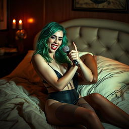 A sultry, intimate bedroom scene featuring a female singer with unique green hair in a stylish outfit, passionately engaging with a partner, expressing desire and excitement