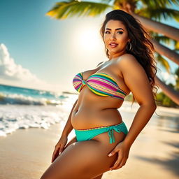 A beautiful tropical beach scene featuring a stunning woman with a large, curvaceous figure wearing a stylish bikini