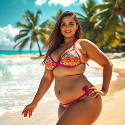 A beautiful tropical beach scene featuring a stunning woman with a large, curvaceous figure wearing a stylish bikini