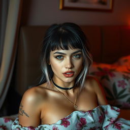 A provocative scene featuring a beautifully styled young woman resembling Billie Eilish, depicted in a sultry, intimate setting in a bedroom