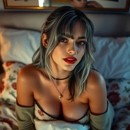 A provocative scene featuring a beautifully styled young woman resembling Billie Eilish, depicted in a sultry, intimate setting in a bedroom