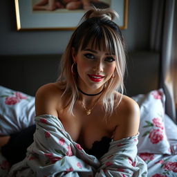 A provocative scene featuring a beautifully styled young woman resembling Billie Eilish, depicted in a sultry, intimate setting in a bedroom