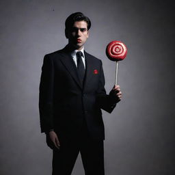 A dramatic portrayal of the character Cid from Eminence in Shadow, standing imposingly with a lollipop in hand, contrasted by piercing shadows.