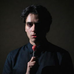 A dramatic portrayal of the character Cid from Eminence in Shadow, standing imposingly with a lollipop in hand, contrasted by piercing shadows.