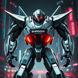 A futuristic battle robot designed for combat, featuring sleek metallic armor with the brand name 'Shadow Motors' prominently displayed on its chest