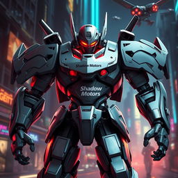 A futuristic battle robot designed for combat, featuring sleek metallic armor with the brand name 'Shadow Motors' prominently displayed on its chest