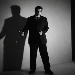 A dramatic portrayal of the character Cid from Eminence in Shadow, standing imposingly with a lollipop in hand, contrasted by piercing shadows.