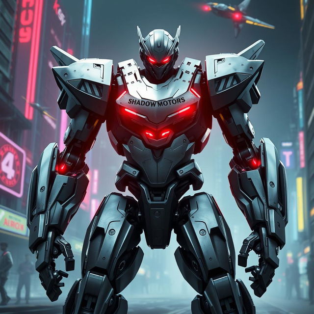 A futuristic battle robot designed for combat, featuring sleek metallic armor with the brand name 'Shadow Motors' prominently displayed on its chest