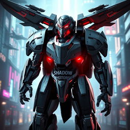 A futuristic battle robot designed for combat, featuring sleek metallic armor with the brand name 'Shadow Motors' prominently displayed on its chest