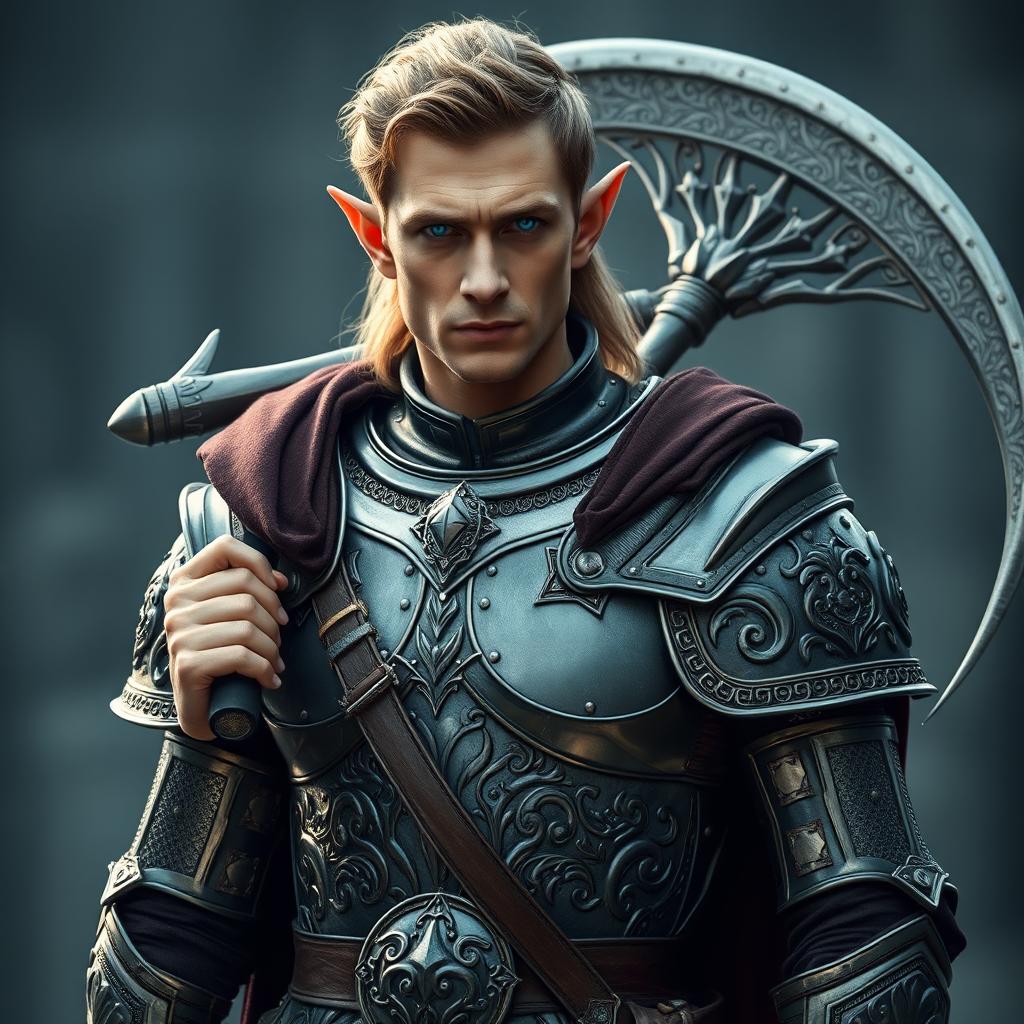 An emperor who is an elf with glowing blue eyes, resembling Daniel Craig, dressed in intricate Roman battle armor