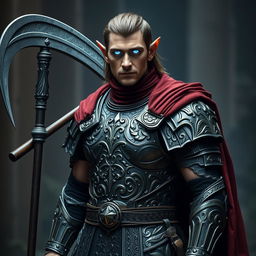 An emperor who is an elf with glowing blue eyes, resembling Daniel Craig, dressed in intricate Roman battle armor