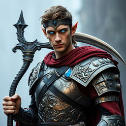 An emperor who is an elf with glowing blue eyes, resembling Daniel Craig, dressed in intricate Roman battle armor