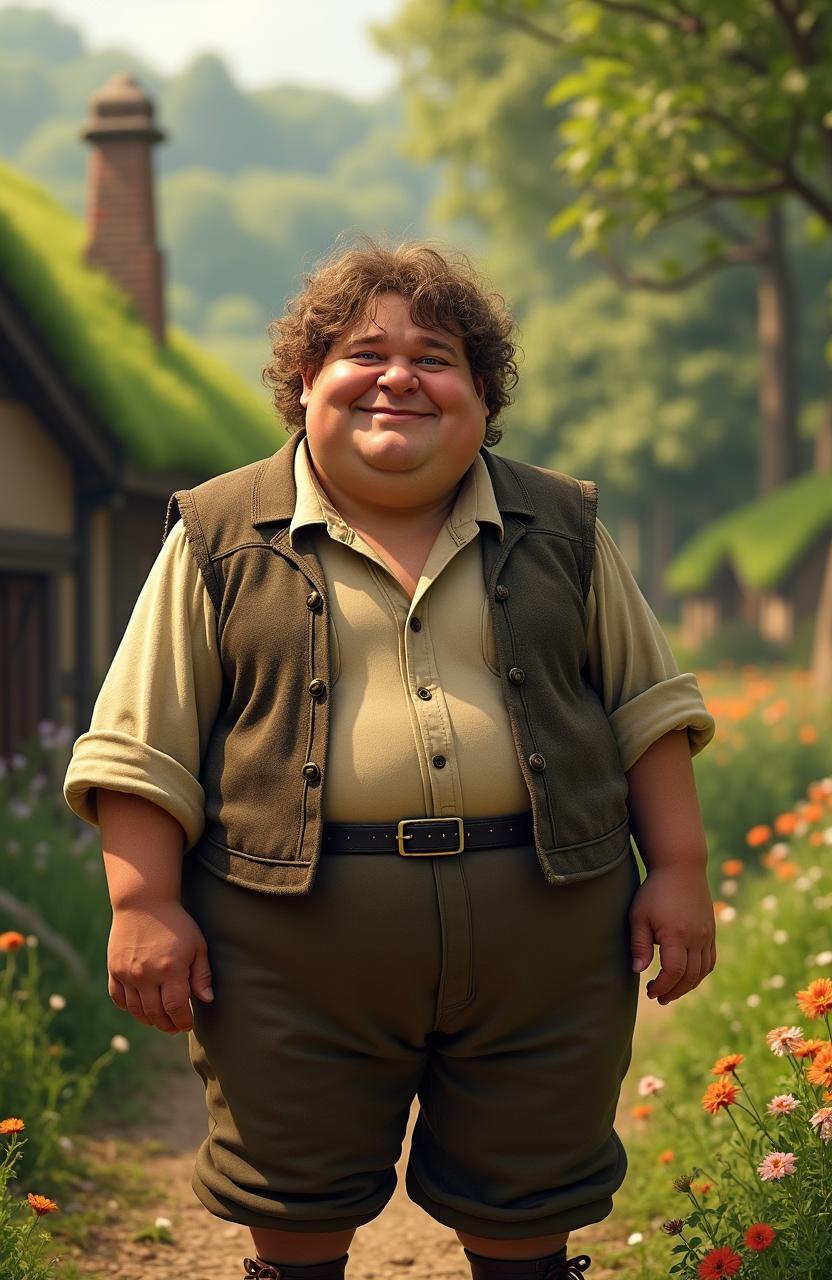 A live action hyper-realistic image of an adult Fatty Bolger from Tolkien's Lord of the Rings