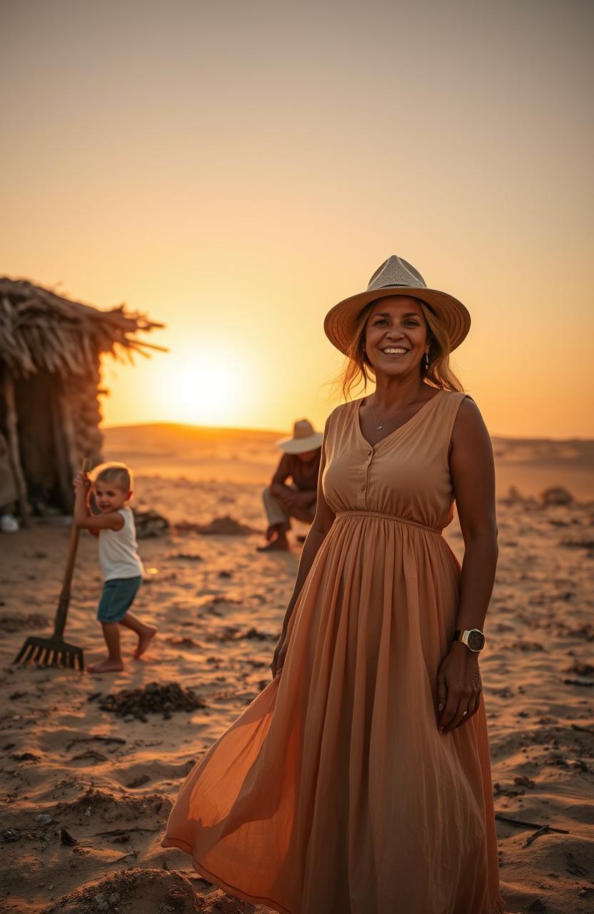 In a serene desert setting during the golden hour of the evening, a young boy with short, tousled hair is seen energetically carrying a hoe, while his father, a middle-aged man with sun-kissed skin and a broad-brimmed hat, is kneeling and cultivating the land, demonstrating a strong bond of family and labor