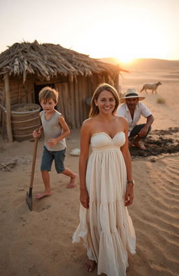 In a serene desert setting during the golden hour of the evening, a young boy with short, tousled hair is seen energetically carrying a hoe, while his father, a middle-aged man with sun-kissed skin and a broad-brimmed hat, is kneeling and cultivating the land, demonstrating a strong bond of family and labor