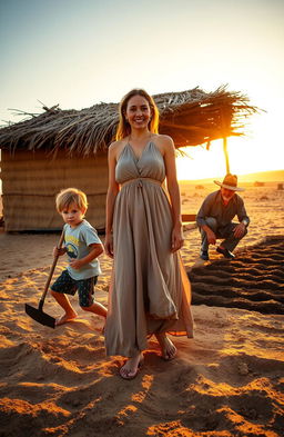 In a serene desert setting during the golden hour of the evening, a young boy with short, tousled hair is seen energetically carrying a hoe, while his father, a middle-aged man with sun-kissed skin and a broad-brimmed hat, is kneeling and cultivating the land, demonstrating a strong bond of family and labor