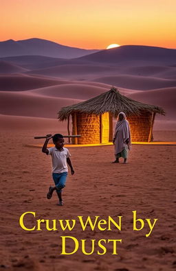 In a vast desert landscape during the evening, a young boy is carrying a hoe, working alongside his father who is cultivating the land