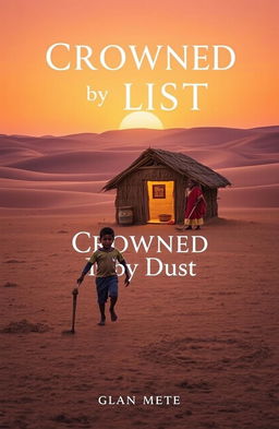 In a vast desert landscape during the evening, a young boy is carrying a hoe, working alongside his father who is cultivating the land