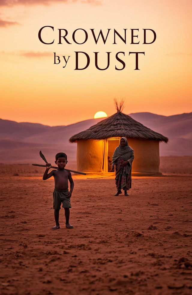 In a vast desert landscape during the evening, a young boy is carrying a hoe, working alongside his father who is cultivating the land