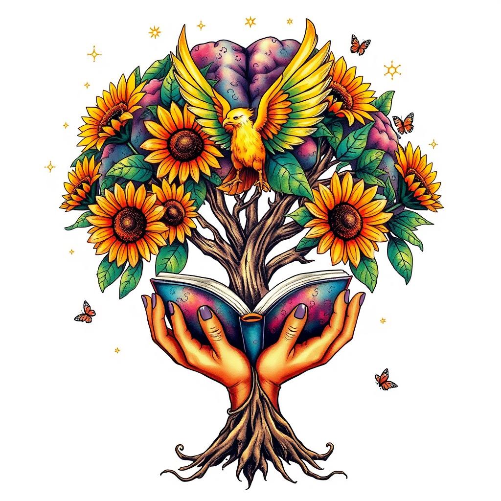 A colorful tattoo design featuring a brain tree with vibrant, blooming sunflowers, hands gently holding an open book rooted within the tree’s roots