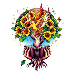 A colorful tattoo design featuring a brain tree with vibrant, blooming sunflowers, hands gently holding an open book rooted within the tree’s roots