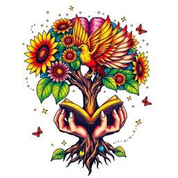 A colorful tattoo design featuring a brain tree with vibrant, blooming sunflowers, hands gently holding an open book rooted within the tree’s roots