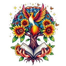 A colorful tattoo design featuring a brain tree with vibrant, blooming sunflowers, hands gently holding an open book rooted within the tree’s roots