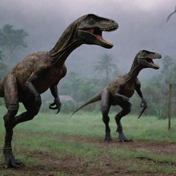 Using their agility and ferocious strength, the Velociraptors breach the remaining electric fences, causing further chaos and imminent danger in the storm-soaked Jurassic Park.