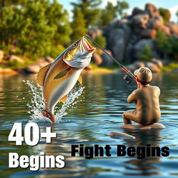 A detailed 3D visualization captures an engaging bass fishing scene featuring a fisherman positioned on the serene shore of a lake