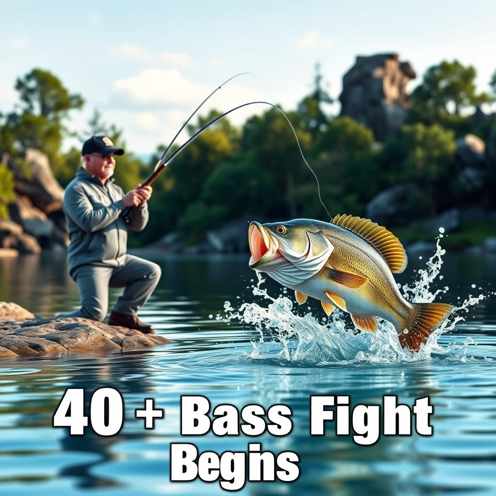 A detailed 3D visualization captures an engaging bass fishing scene featuring a fisherman positioned on the serene shore of a lake