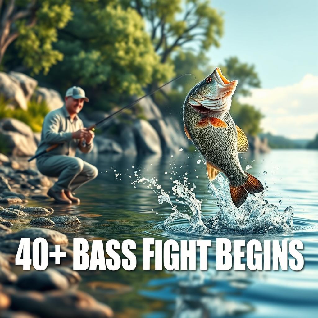 A detailed 3D visualization captures an engaging bass fishing scene featuring a fisherman positioned on the serene shore of a lake