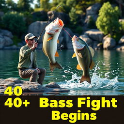 A detailed 3D visualization captures an engaging bass fishing scene featuring a fisherman positioned on the serene shore of a lake