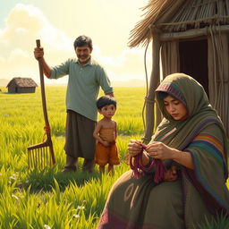 A heartwarming scene depicting a father diligently cultivating a sunlit field, a tired boy beside him holding a large hoe