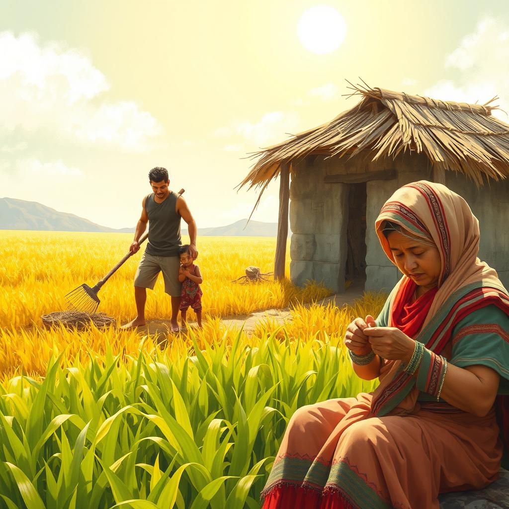 A heartwarming scene depicting a father diligently cultivating a sunlit field, a tired boy beside him holding a large hoe