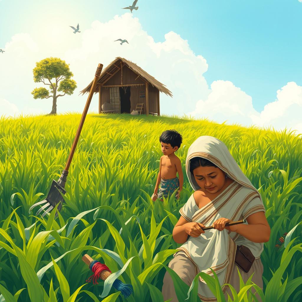 A heartwarming scene depicting a father diligently cultivating a sunlit field, a tired boy beside him holding a large hoe