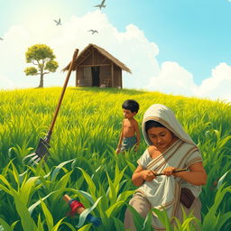 A heartwarming scene depicting a father diligently cultivating a sunlit field, a tired boy beside him holding a large hoe